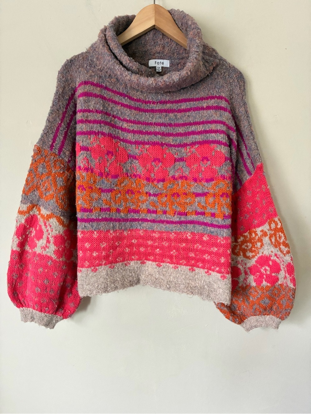 Fate Multicolor retro floral chunky boho oversized Cowl Neck wool Sweater M